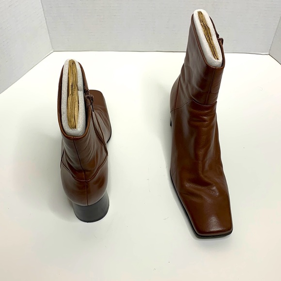 Nine West Shoes - Nine West | Brown Sleek Leather Square Toed Black Heeled Ankle Booties Shoes NWT